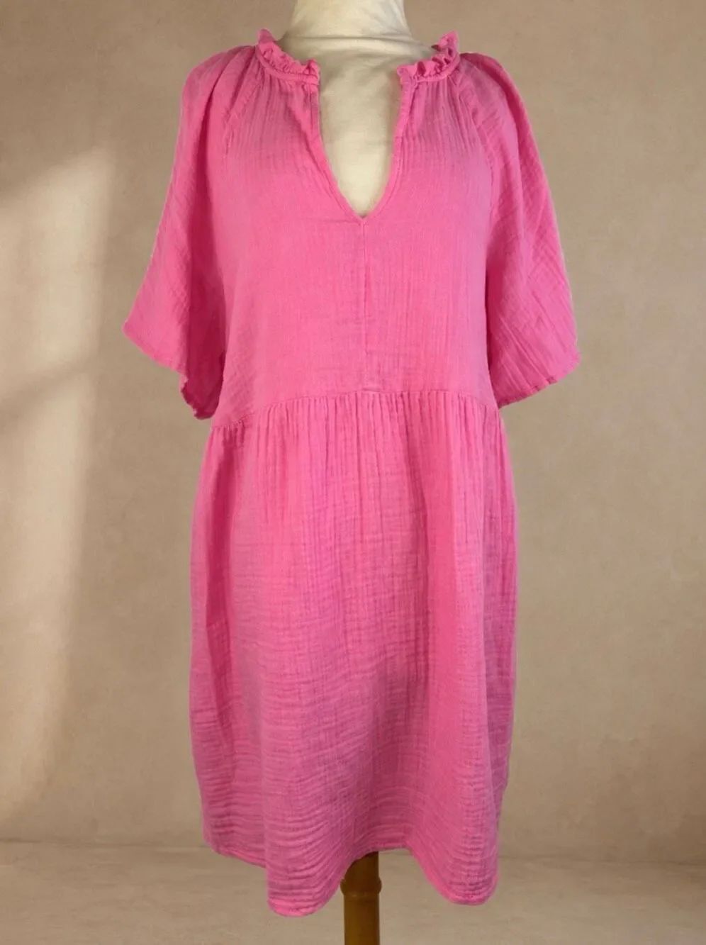 Old Navy Size L Crinkle Gauze Mini Swing Dress Pink 100% Cotton Flutter Sleeve